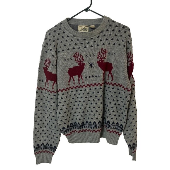 Vintage Sleep Slopes Gray Red Reindeer Christmas Sweater L 100% Virgin Acrylic - Picture 2 of 7